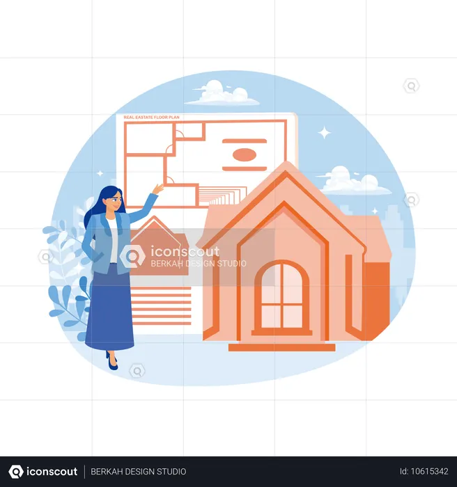 Woman explaining  house floor plan  Illustration