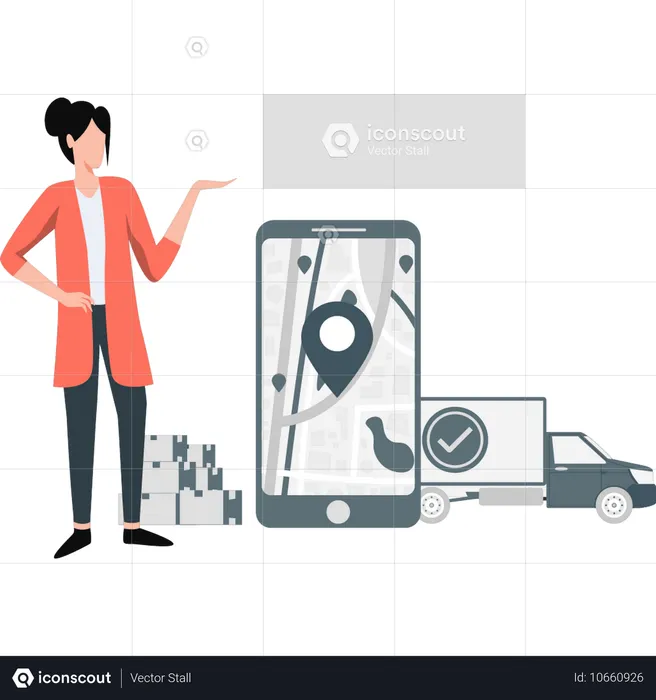 Woman explaining location pin in mobile  Illustration