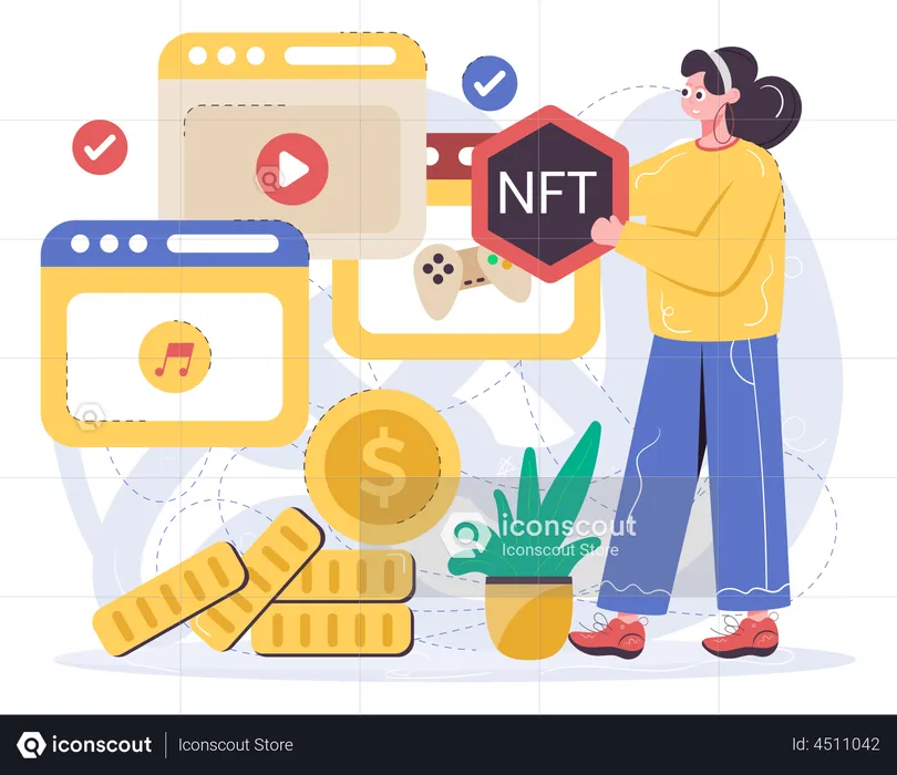 Woman Exploring Different Types Of NFT  Illustration