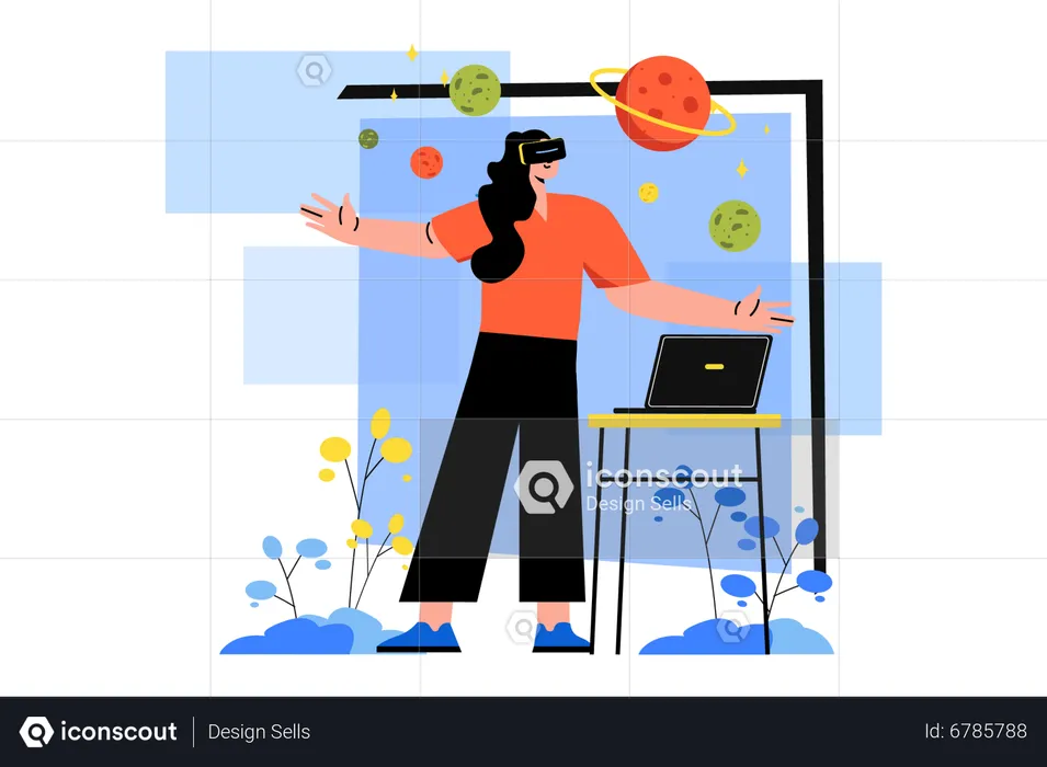 Woman exploring metaverse via VR glasses  Illustration