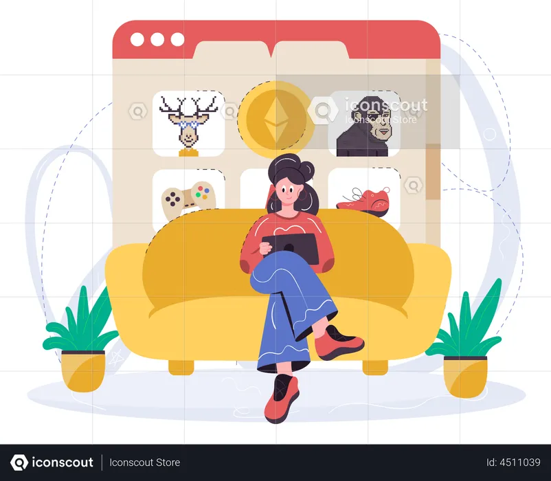 Woman Exploring NFT Art On Marketplace  Illustration