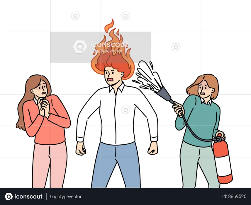 Woman extinguishes fire in husband's mind  Illustration