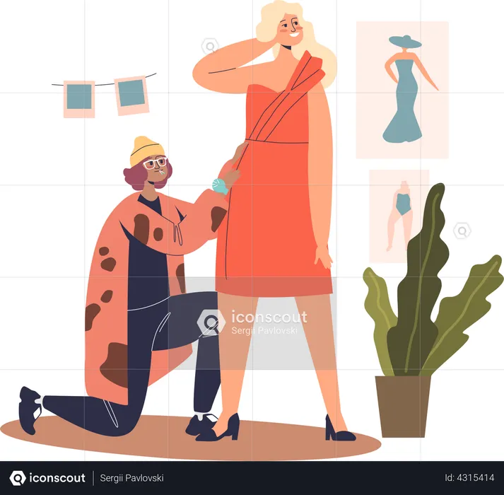 Woman fashion designer fitting dress on client  Illustration