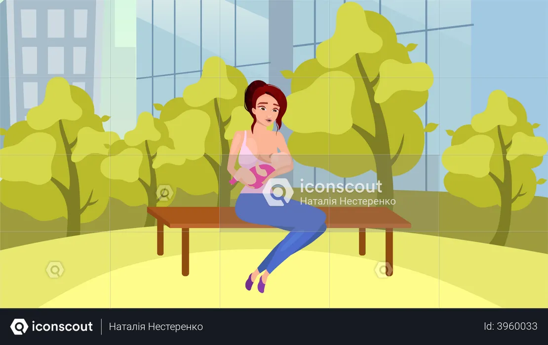 Woman feeding baby from breast in park  Illustration