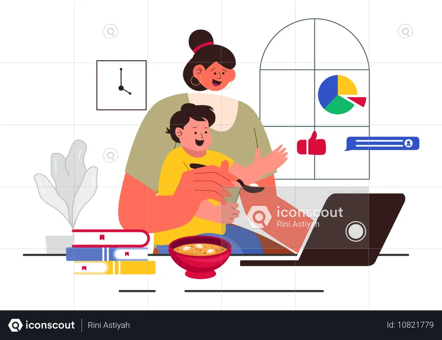 Woman feeding baby while working on laptop  Illustration