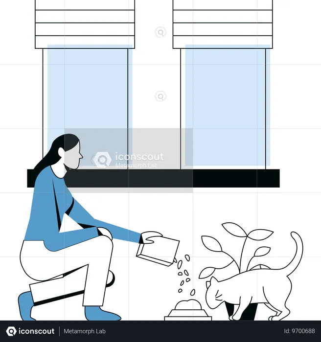 Woman Feeding Cat  Illustration