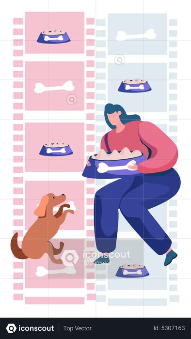 Woman feeding dog food to pet dog  Illustration