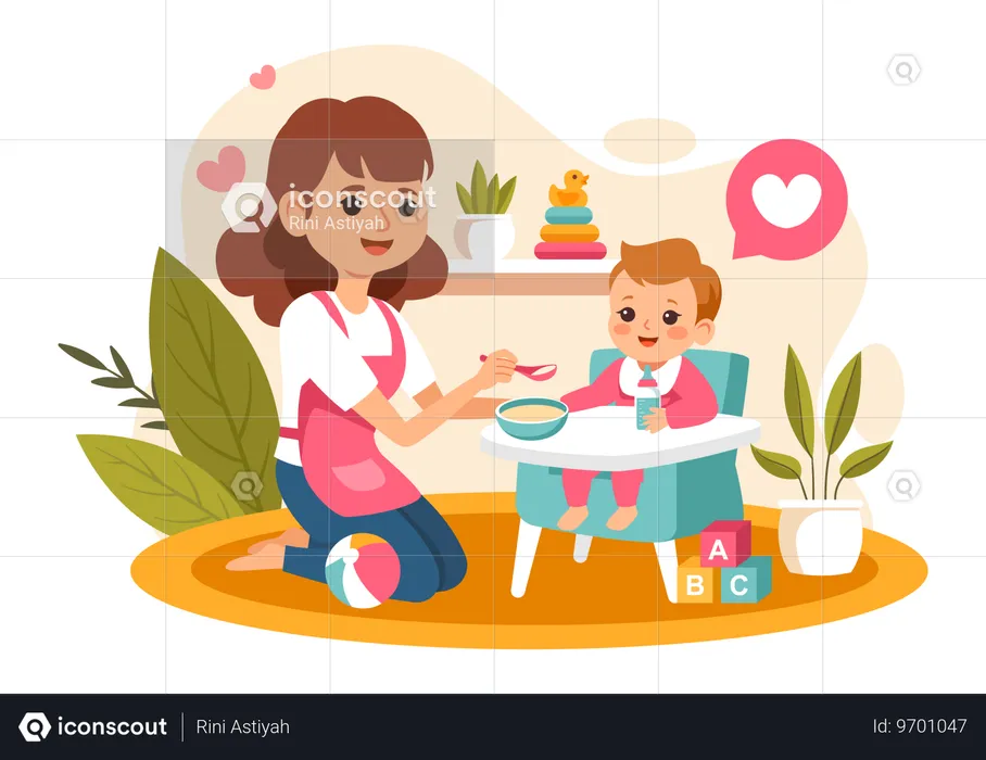 Woman feeding food to her son  Illustration