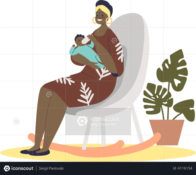 Woman feeding newborn baby with milk from bottle  Illustration