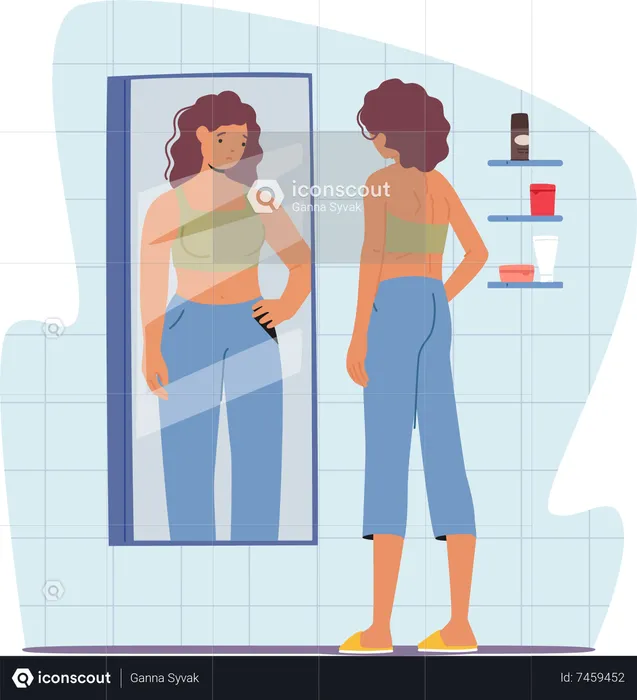 Woman Feel Guilty and Hate Appearance in Mirror Look herself Fat  Illustration