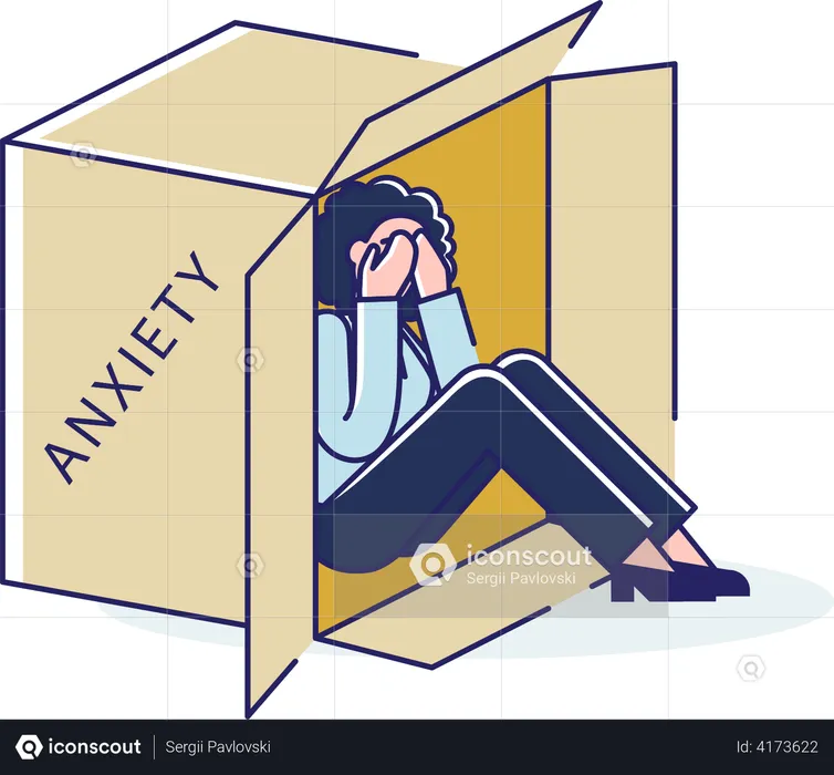 Woman feeling anxiety and hiding inside a box  Illustration