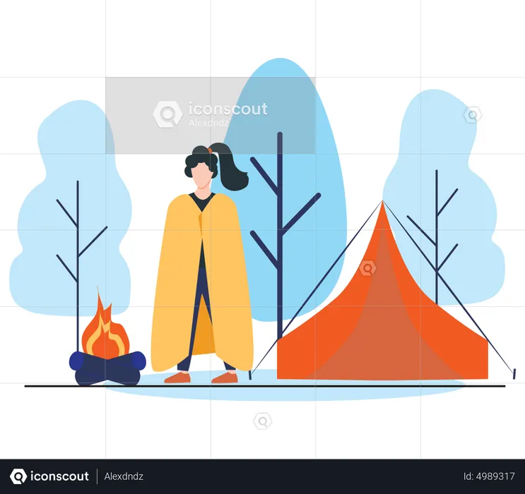 Woman feeling cold during camping  Illustration