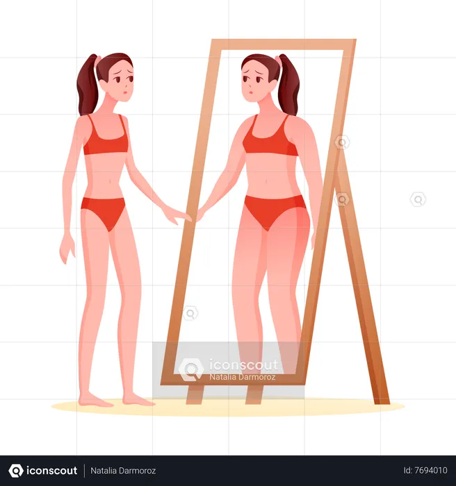 Woman feeling depressed after looking at mirror due to body shaming  Illustration