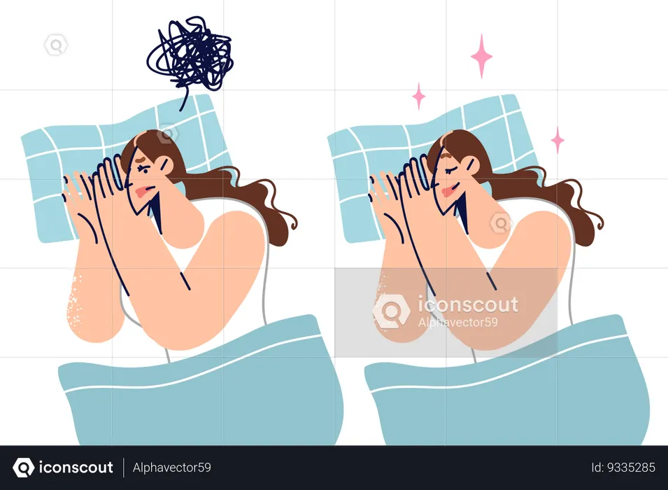 Woman feeling insomnia lying on bed  Illustration