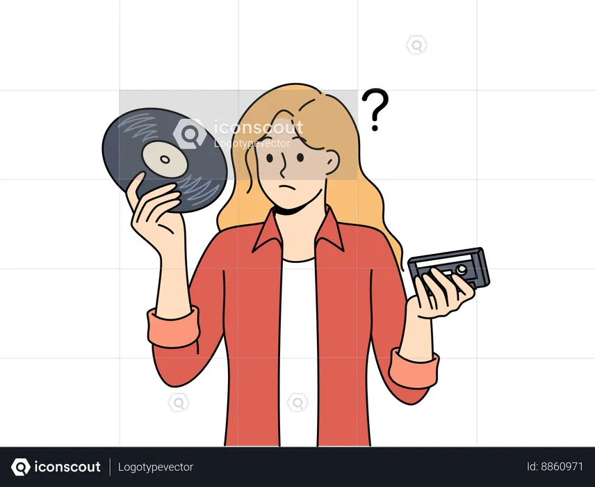 Woman feels confused and doesn't know how to listen to music stored on vintage storage devices  Illustration