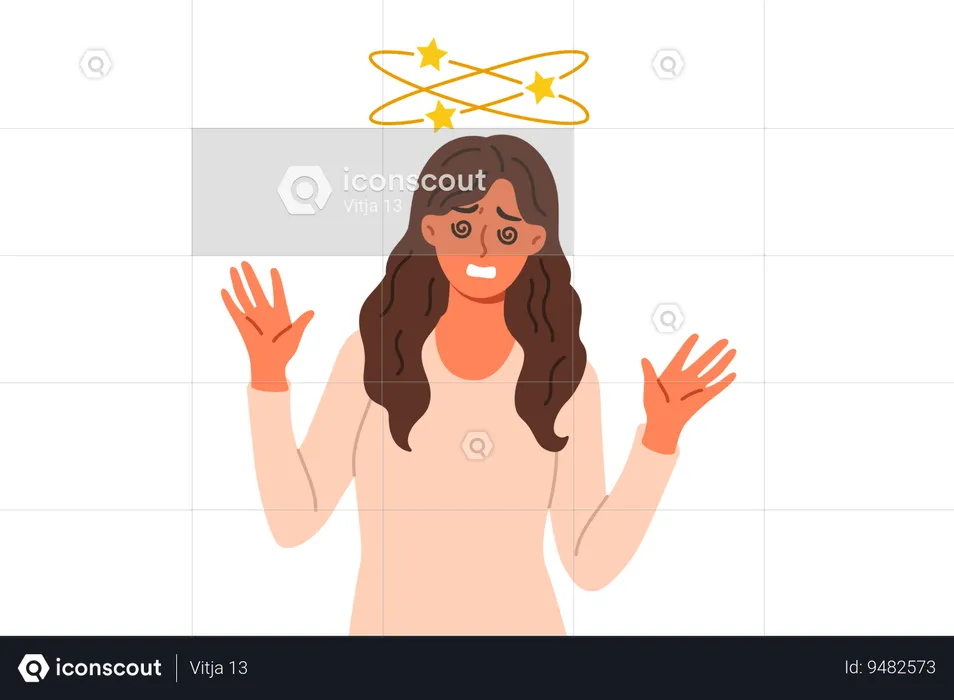 Woman feels dizzy caused by hangover or intracranial pressure stands with stars above head  Illustration