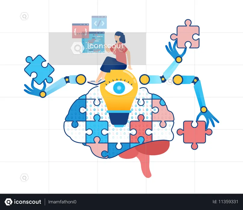 Woman Finding Ideas with AI Programming and Binary Brain Puzzle Assistance  Illustration