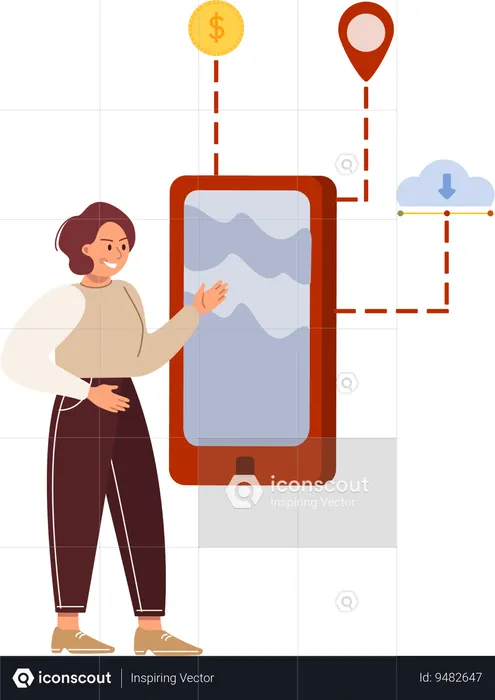 Woman finding map location on mobile  Illustration