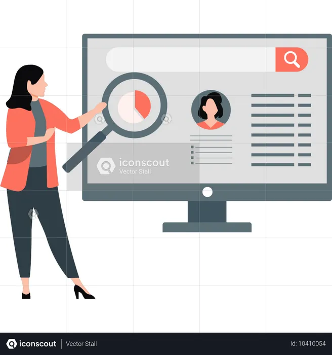 Woman finding pie chart on monitor  Illustration