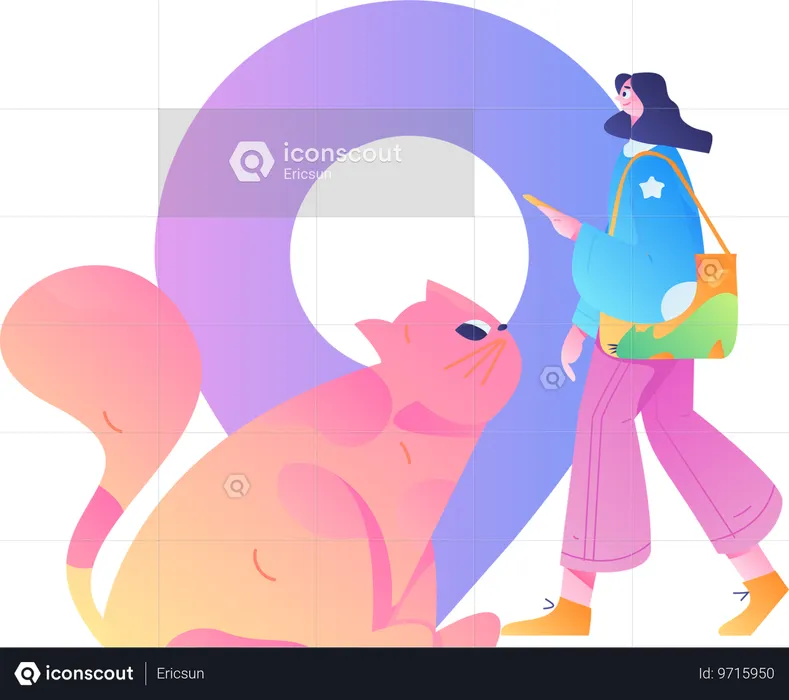 Woman finding travel destination with cat  Illustration