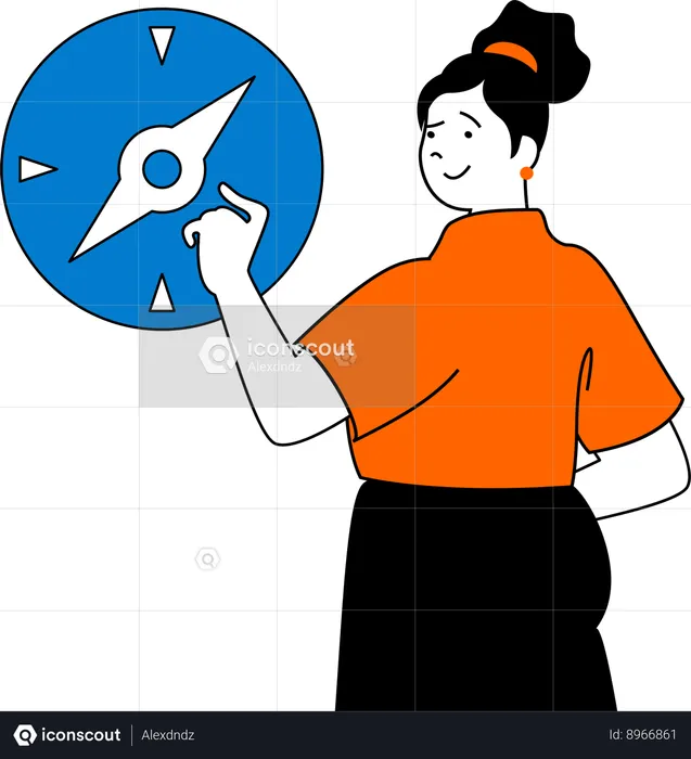 Woman finds direction on magnetic compass  Illustration
