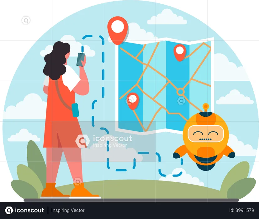 Woman finds location with robotic help  Illustration