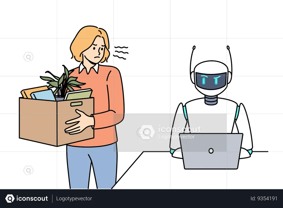 Woman fired due to robotization business processes stands with dismissal box near robot with laptop  Illustration