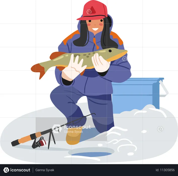 Woman fisher holding caught pike in hand enjoying successful fishing activity  Illustration