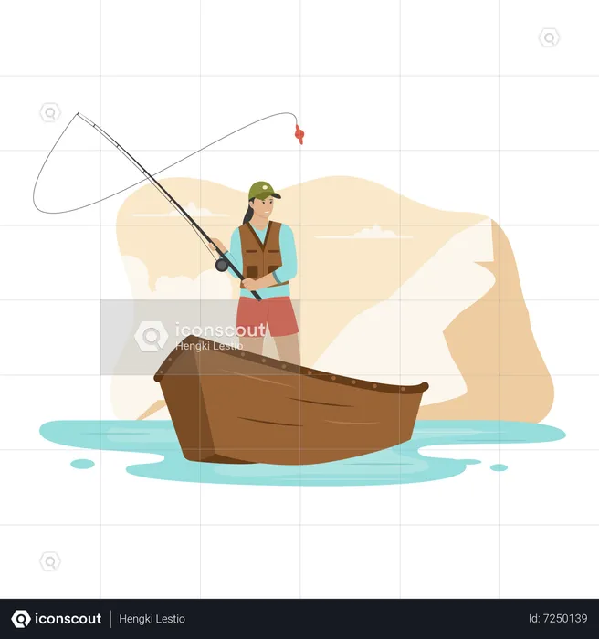 Woman fishing on boat  Illustration