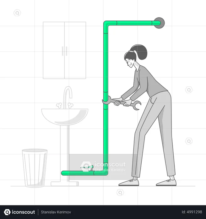 Woman fixing a pipe in the bathroom  Illustration