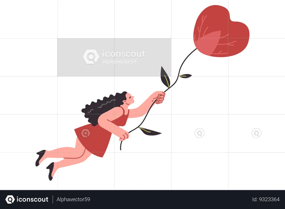 Woman flies in heart shaped hot air balloon experiencing joy after receiving declaration of love  Illustration