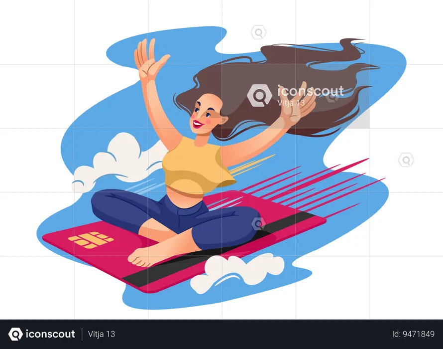 Woman flies through sky on plastic credit card enjoying ease of making cashless payments  Illustration