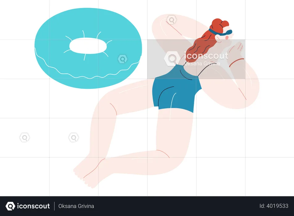 Woman Floating In Swimming with Inflatable Ring  Illustration