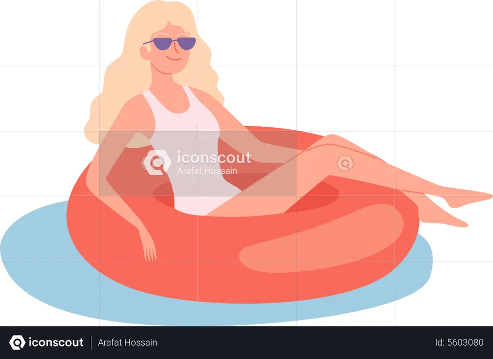 Woman Floating In Swimming with Ring  Illustration