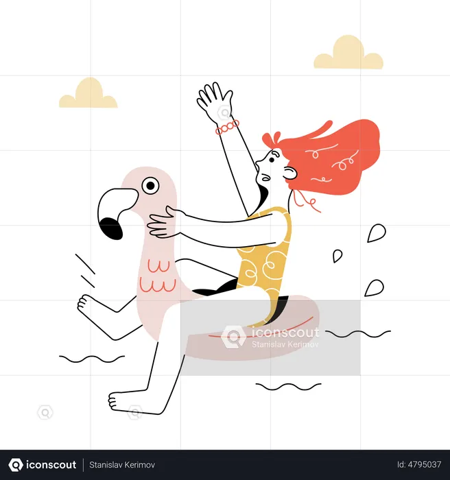 Woman floats on rubber flamingo in pool  Illustration