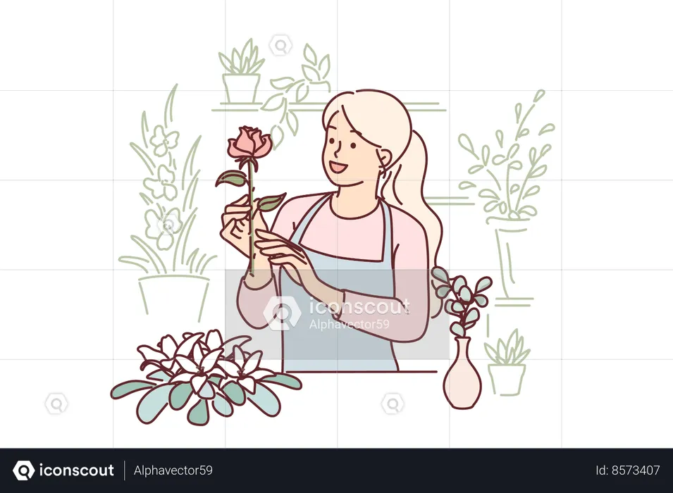 Woman florist works in flower shop  Illustration