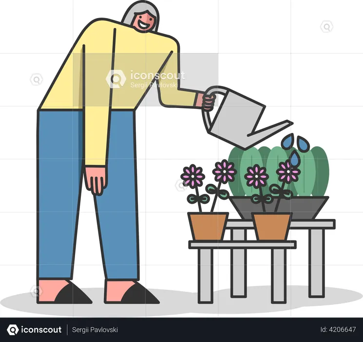 Woman flowering plants with watering can  Illustration
