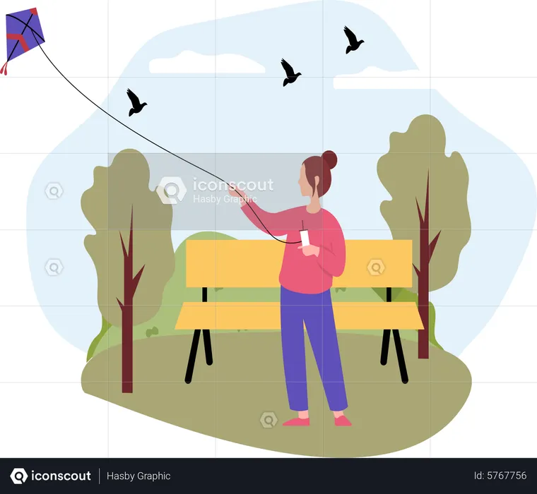 Woman flying kite  Illustration