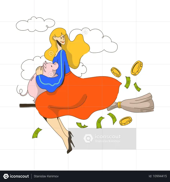 Woman flying on broomstick with piggy bank in her hands  Illustration