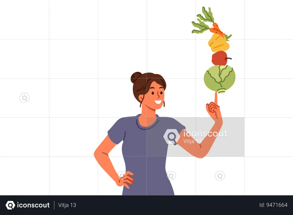 Woman follows balanced diet of vegetables leads healthy lifestyle thanks to proper nutrition  Illustration