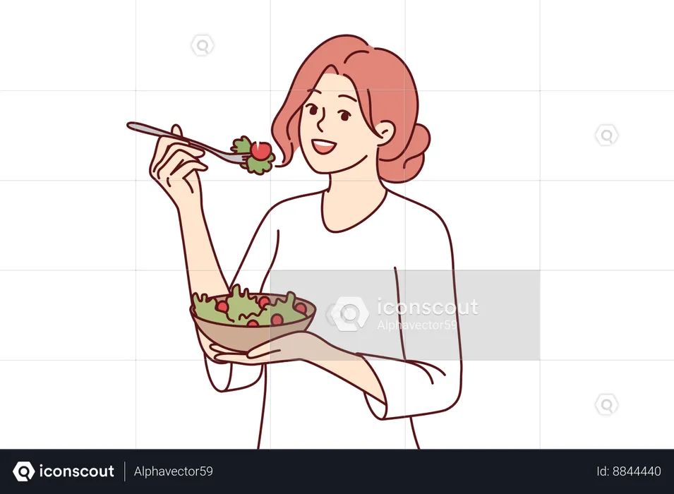 Woman follows diet by eating green seaweed salad to get rid of diseases and lead healthy lifestyle  Illustration
