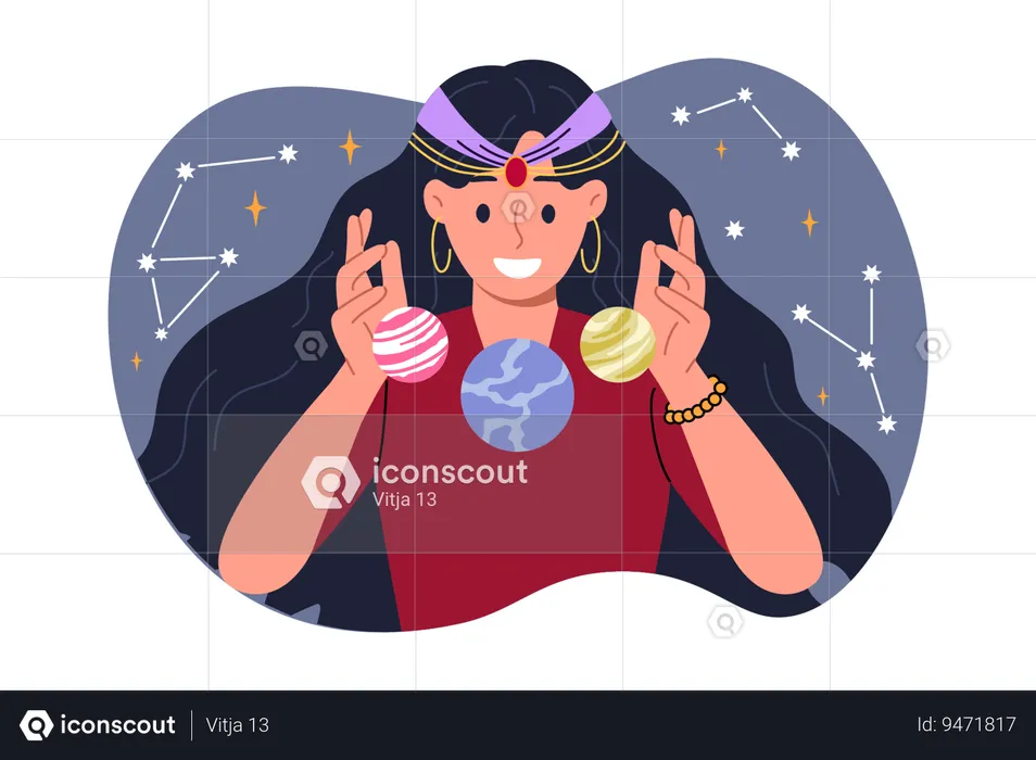 Woman fortune teller is interested in astrology predicting future by studying constellations in sky  Illustration