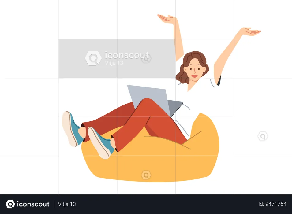 Woman freelancer joyfully raises hands after completing work on project sitting with laptop on lap  Illustration