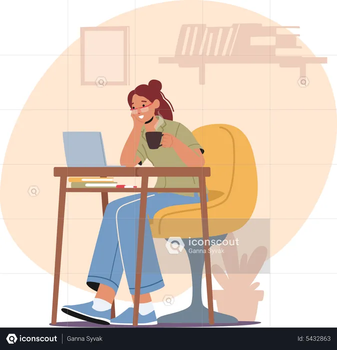 Woman Freelancer Working on Laptop with Cup of Coffee  Illustration