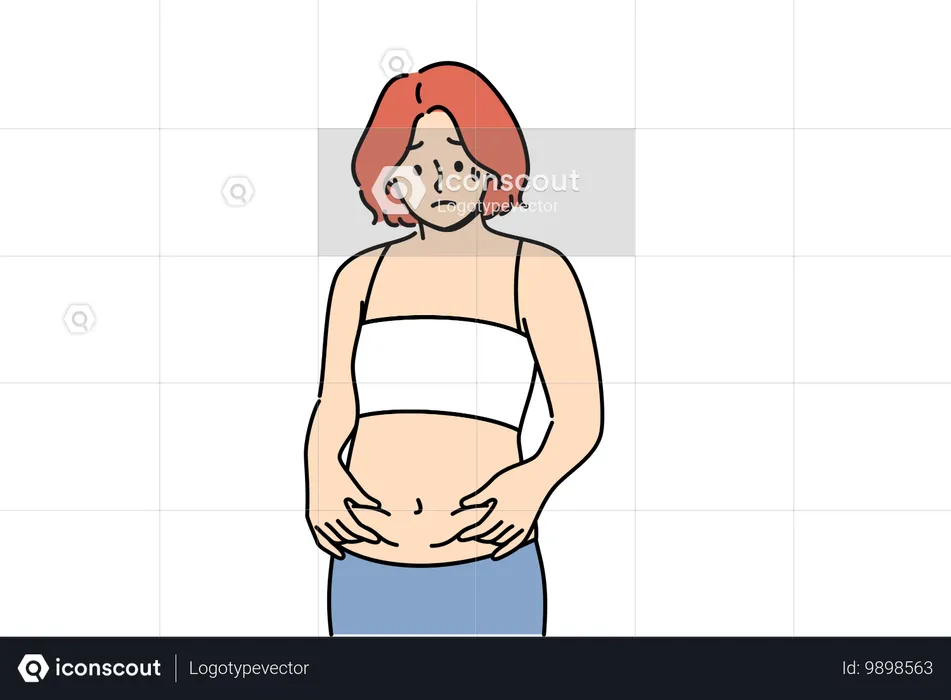 Woman frightened by appearance of belly fat and afraid of gaining excess weight  Illustration