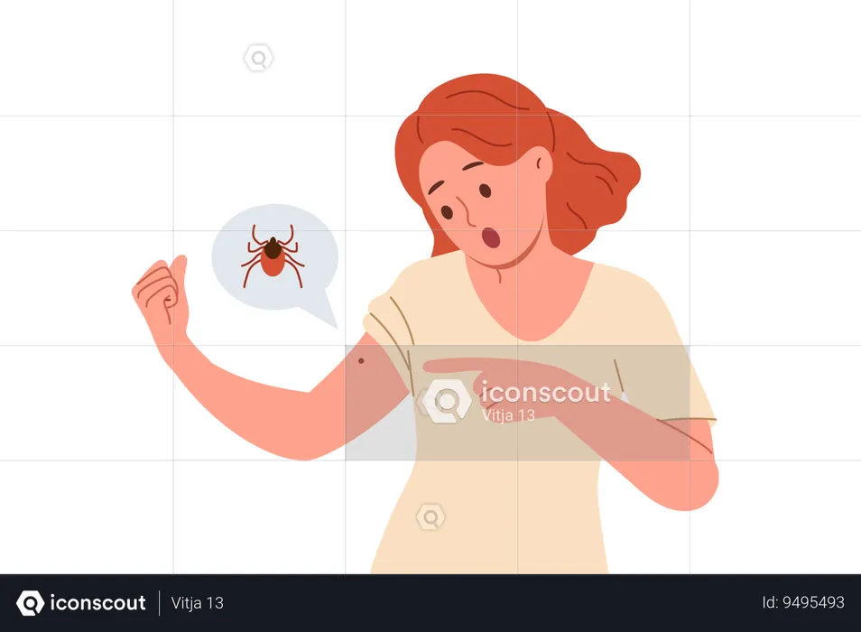 Woman frightened from insect crawling on hand  Illustration