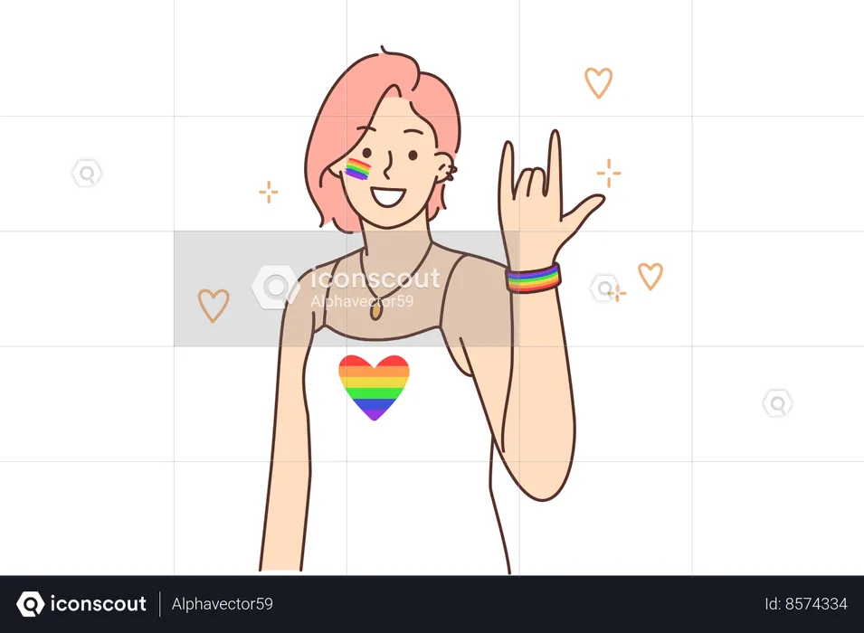 Woman from lgbt community with rainbow flag on t-shirt calls for participation in pride event  Illustration