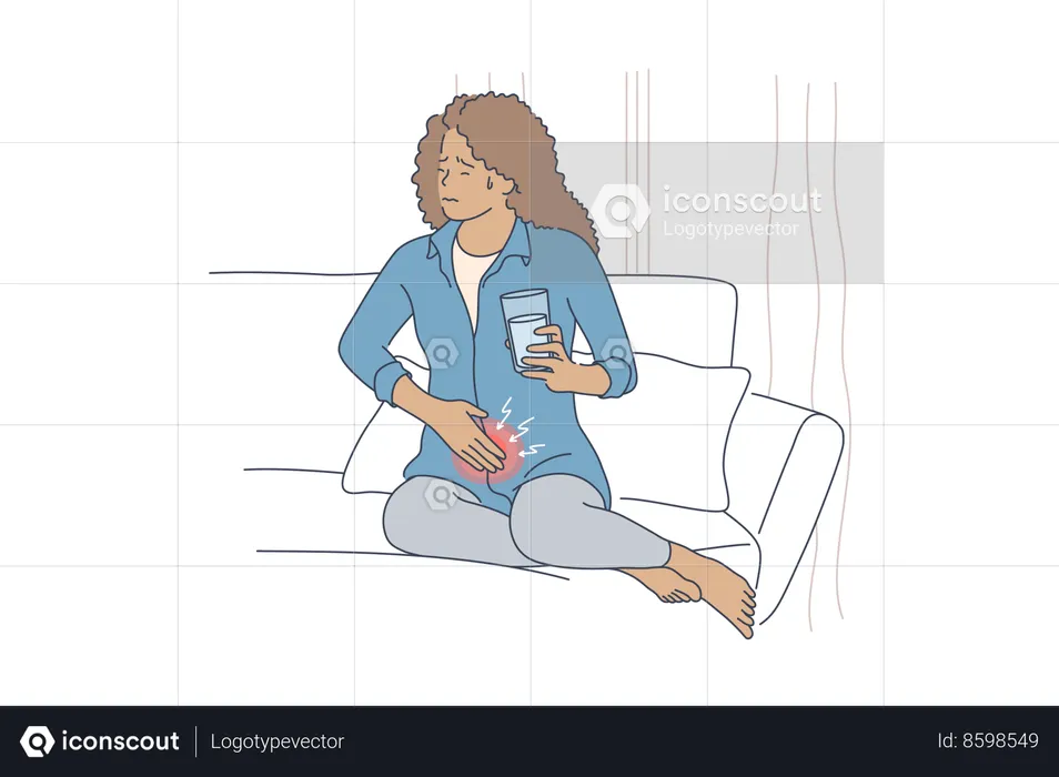 Woman frowning in ibd pain sitting on couch covering stomach holding glass of water  Illustration