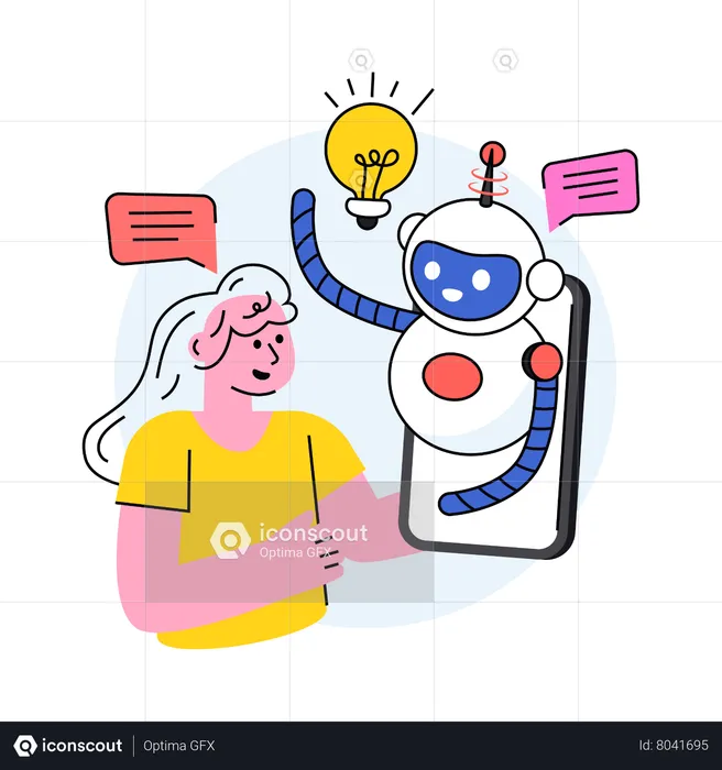 Woman generating ideas with the help of ai bot  Illustration