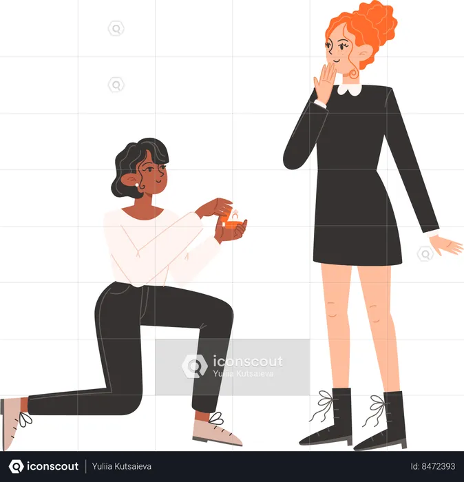 Woman gets down on one knee and proposes to a woman  Illustration